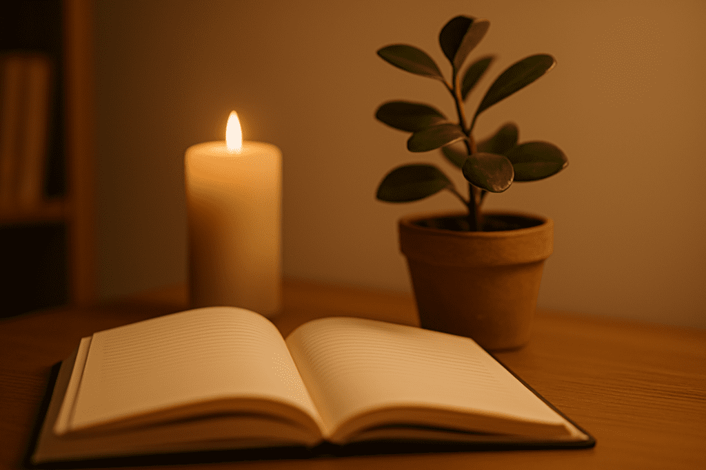 A warm, softly lit scene featuring an open journal, a small green plant, and a glowing candle on a wooden surface, evoking calm and mental clarity.