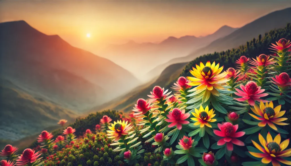A serene mountain landscape featuring blooming Rhodiola Rosea plants bathed in soft morning light, emphasizing clarity, relaxation, and mental balance.