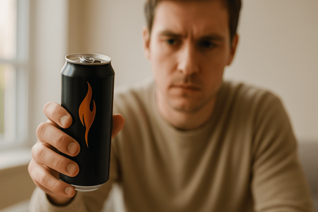 A young man holding an energy drink can, with a neutral expression and slight frown. The soft natural light illuminates the can and his face, while the background features greenery outside a window.