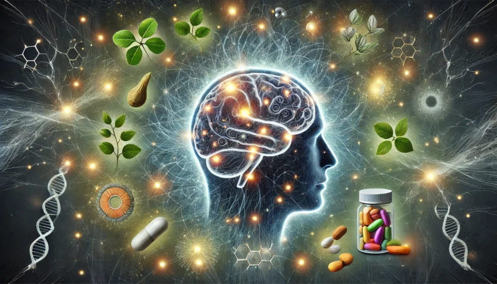 A conceptual illustration of a human brain made of swirling energy, with glowing neural connections. Surrounding the brain are natural supplement ingredients like ginkgo biloba, bacopa, and amino acids, representing cognitive enhancement through supplements.