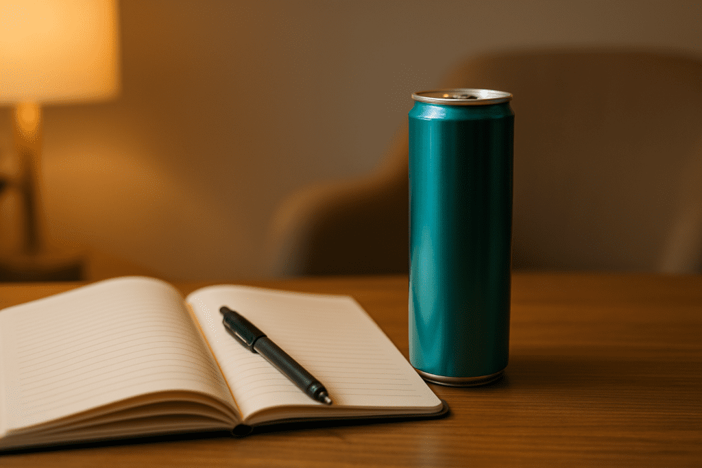 A warm desk scene featuring a light brown wooden table, a turquoise energy drink can, an open notebook, a black pen, and a green plant, all softly illuminated by the glow from a beige table lamp.