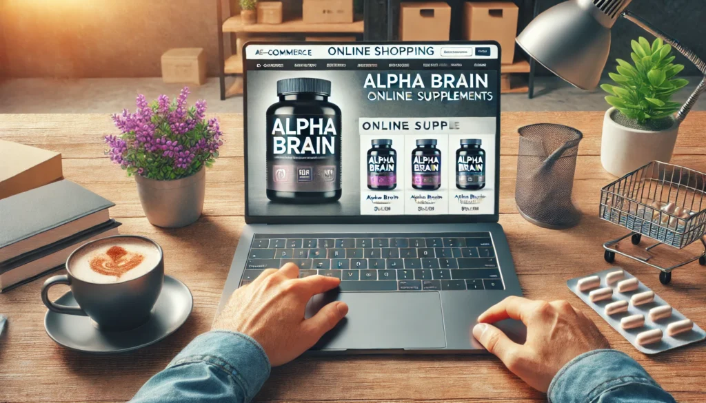 A close-up of a laptop screen showcasing an e-commerce website selling Alpha Brain supplements. The modern workspace setup, with a coffee cup and plant, emphasizes the convenience of online shopping for brain health products.