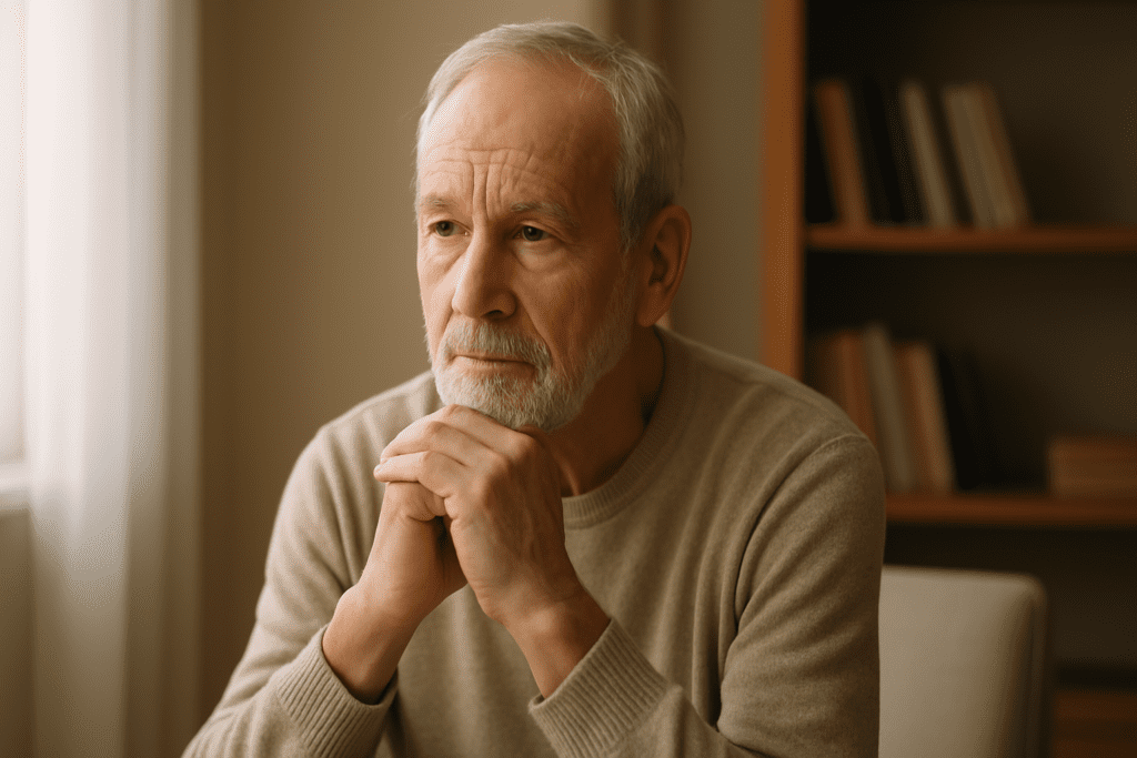A thoughtful elderly man in his 60s or 70s, sitting by a sunlit window, bathed in soft natural light, with a pensive expression and deep wrinkles. The room features warm tones and a bookshelf, creating a serene atmosphere.