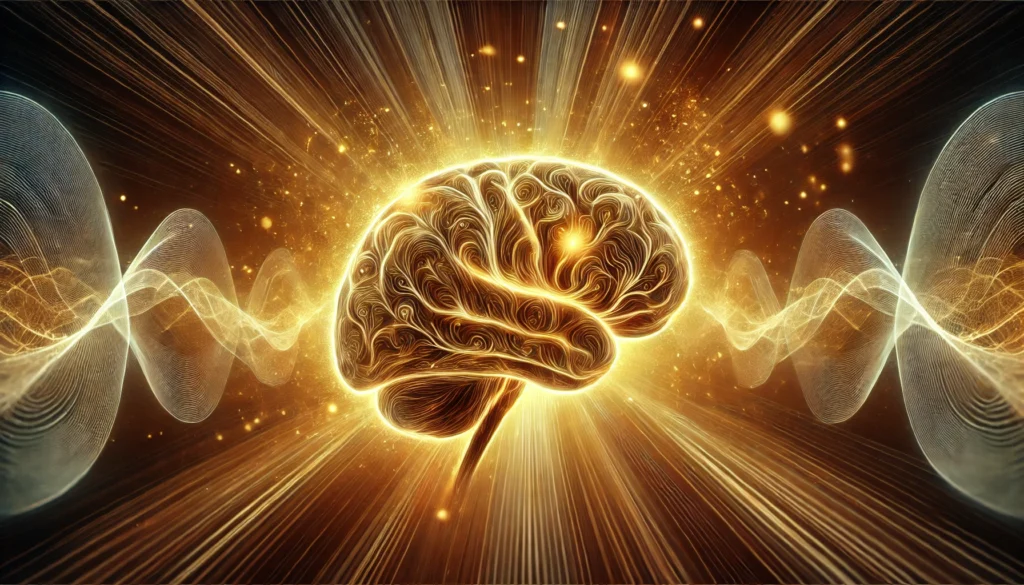 An artistic representation of a glowing brain surrounded by energy waves, depicting cognitive restoration and enhanced neural activity. The image conveys a sense of healing and renewal with warm, golden hues and a dynamic background.