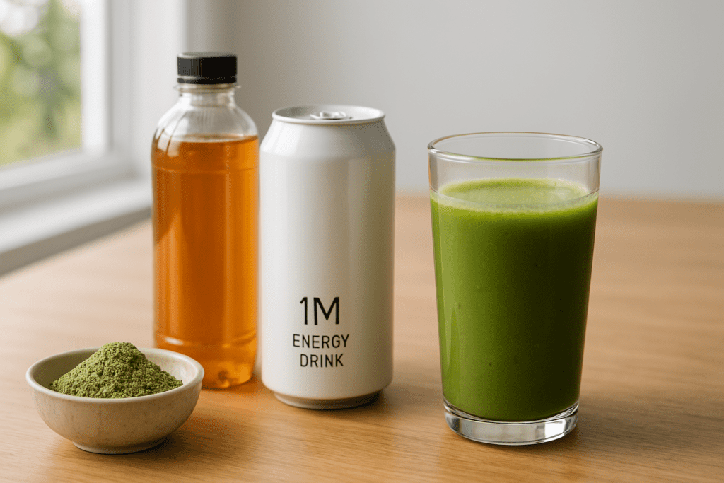 Three colorful energy drink bottles and a green smoothie sit beside a small bowl of matcha powder on a clean wooden table, captured in gentle natural lighting with a calm, minimalistic indoor backdrop.
