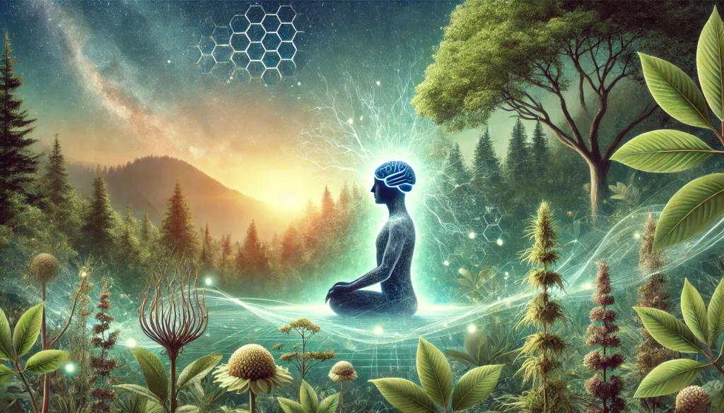A meditative human silhouette with a radiant brain, immersed in a lush forest of adaptogenic herbs, illustrating the harmony between nature and neuroscience in enhancing cognitive function and reducing stress.