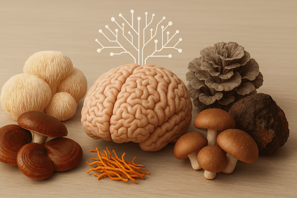Detailed brain model surrounded by medicinal mushrooms including lion’s mane, reishi, chaga, and maitake, with neural network branches above, representing enhanced mental clarity and natural nootropic effects."