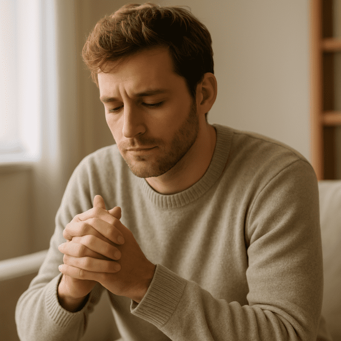 A young man sits in quiet reflection in a minimalist room, eyes closed and hands clasped, bathed in soft morning natural light from a nearby window.