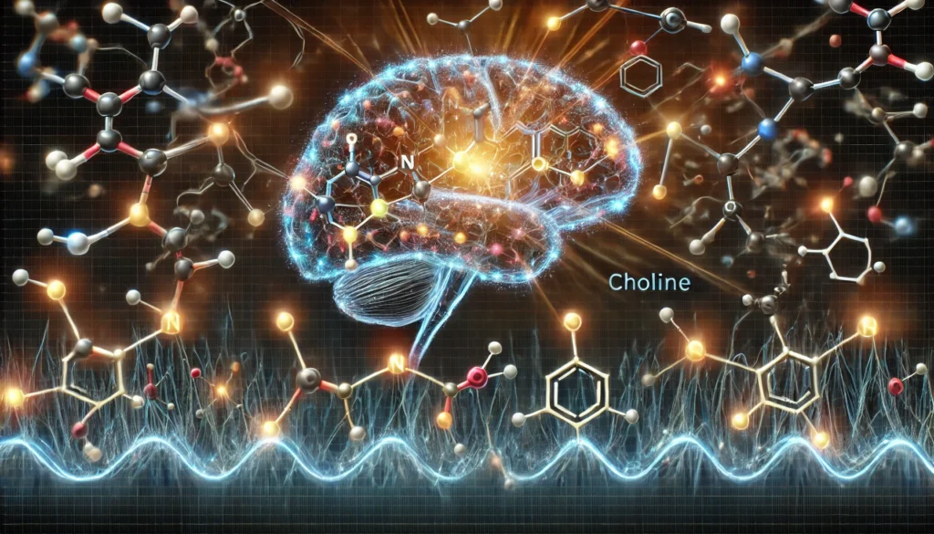 A scientific visualization of neurotransmitters in the brain, showcasing choline’s role in reducing anxiety and depression. Glowing molecular structures interact with neural pathways in a high-tech digital environment.