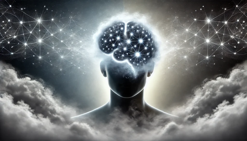 A symbolic illustration of a human silhouette with swirling mist enveloping the head, dispersing into luminous neural pathways against a transitioning background from dark clouds to a clear sky, signifying restored cognitive function.