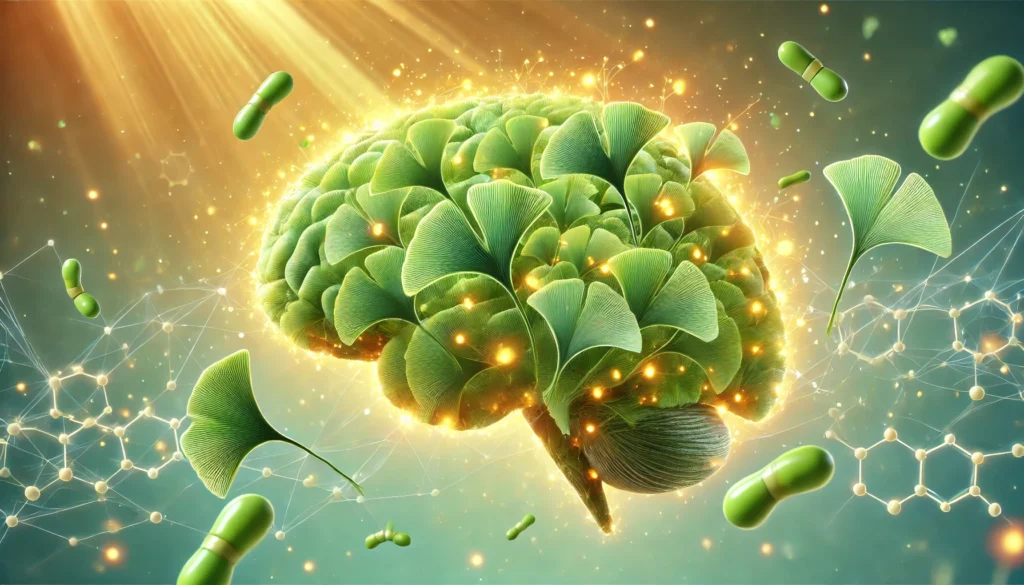 A surreal composition of a human brain made entirely of Ginkgo Biloba leaves, radiating golden-green energy, with floating dopamine molecules representing neurotransmitter activity and cognitive enhancement.