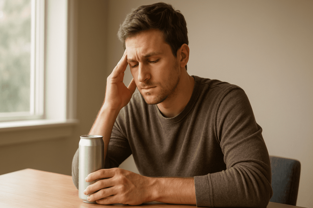 A young man in a brown sweater sits at a wooden table near a sunlit window, holding a sleek silver energy drink can with a calm, focused expression. Soft natural light casts gentle shadows across his face and the neutral-toned room.