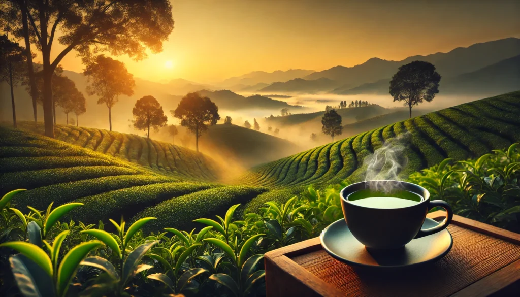 A serene tea plantation at sunrise with a steaming cup of green tea in the foreground, representing L-Theanine as a natural source of relaxation, mental clarity, and dopamine support.