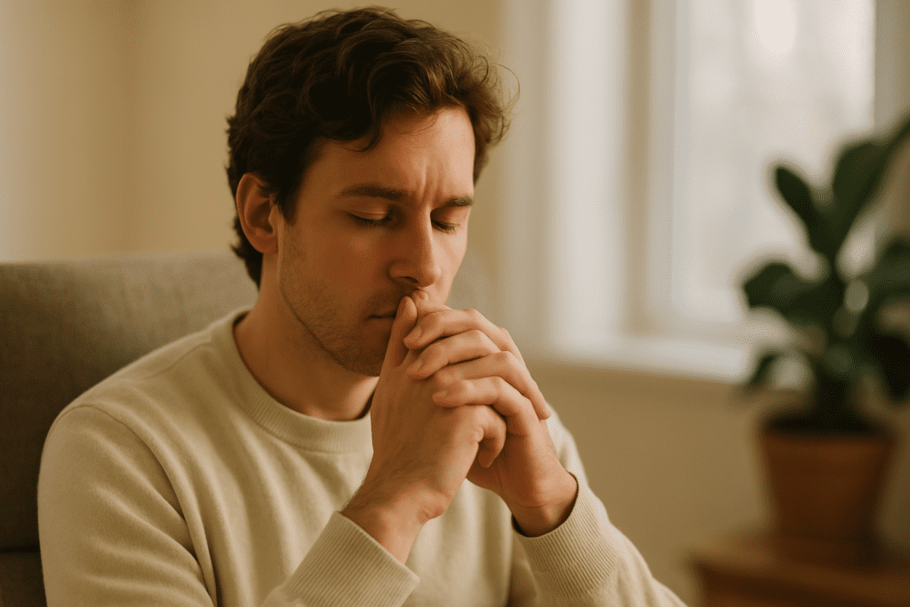 A young man with wavy brown hair sits in quiet reflection on a beige armchair, softly lit by morning sunlight with blurred greenery in the background.