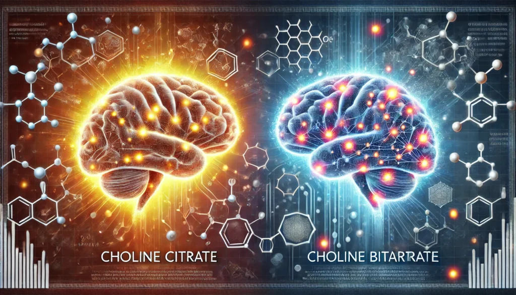 An artistic split-screen visualization of Choline Citrate and Choline Bitartrate enhancing brain function. The left brain hemisphere glows brightly, indicating stronger cognitive enhancement, while the right is dimmer. The background features chemical structures and a digital, futuristic aesthetic emphasizing neuroscience.