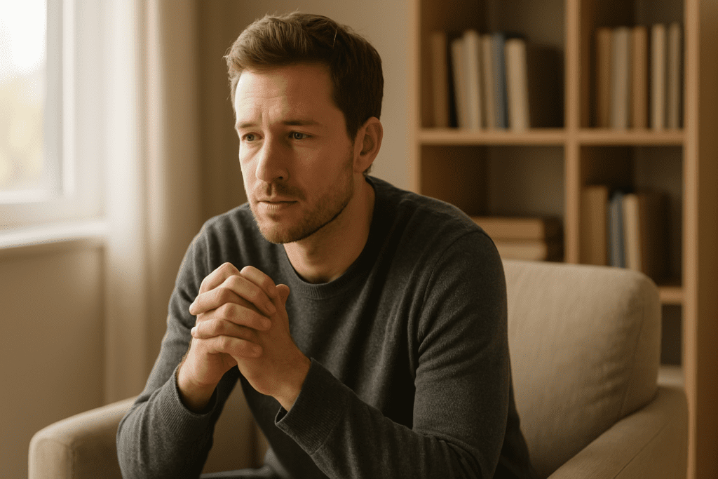 A young Caucasian man with light brown hair and trimmed stubble sits in a beige armchair, hands clasped thoughtfully, lit by soft morning light from a nearby window. A neutral-toned bookshelf stands in the background, enhancing the calm atmosphere.