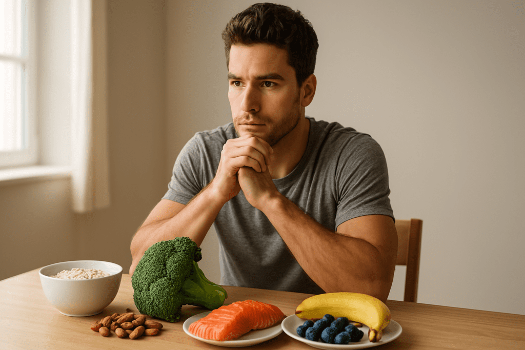 A young man with dark wavy hair sits at a clean wooden table, hands clasped in thought, surrounded by vibrant healthy foods like broccoli, salmon, almonds, banana, and oatmeal in soft morning light.