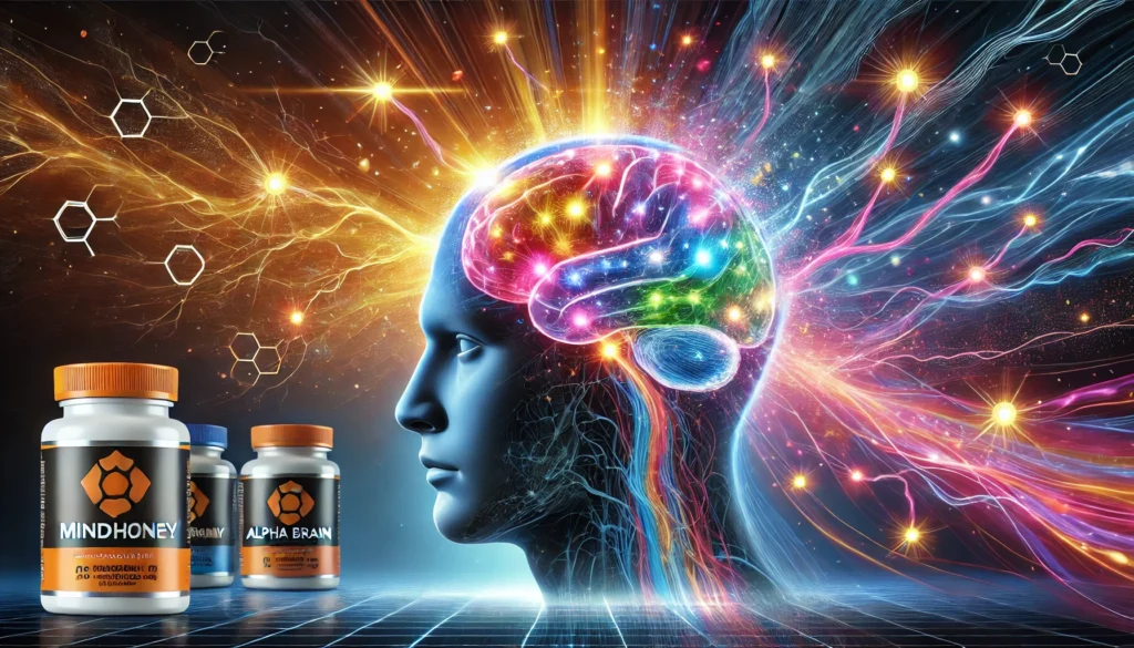 A glowing human brain with dynamic neuron activity, symbolizing enhanced focus, memory, and cognitive performance from Mindhoney and Alpha Brain supplements.