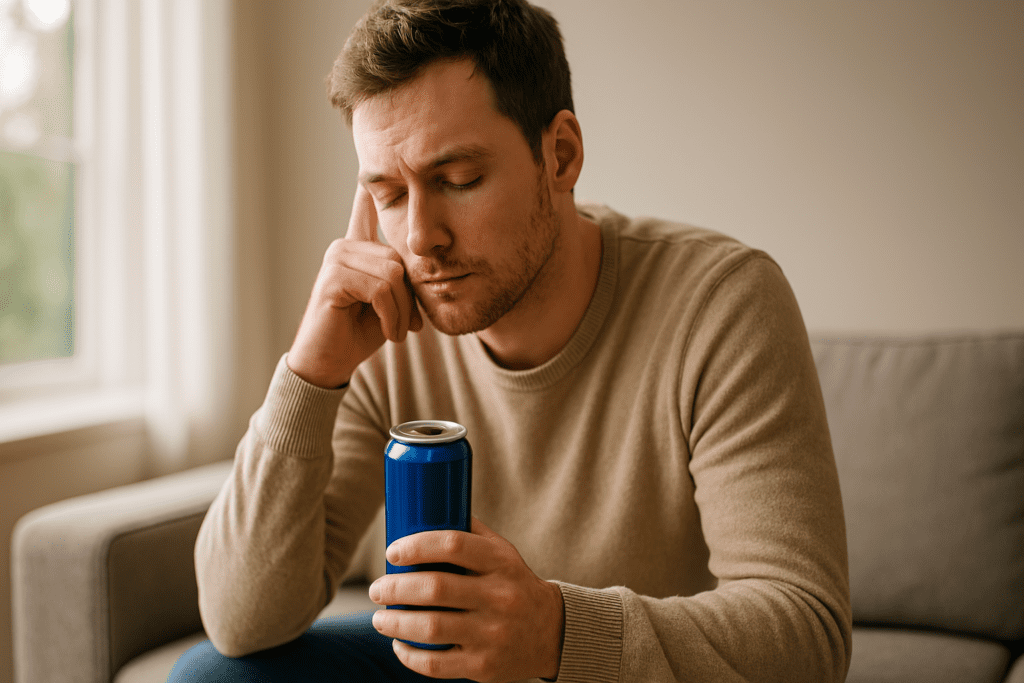 A young man in a beige sweater sits quietly on a gray sofa holding an energy drink, bathed in soft morning sunlight.
