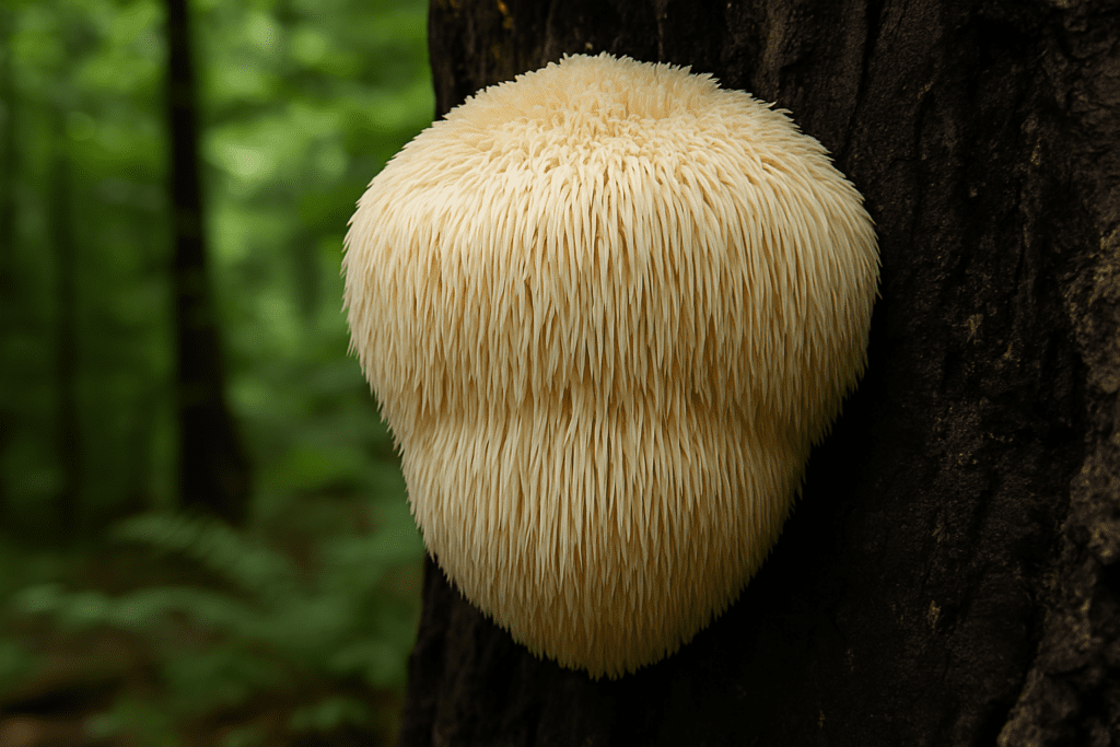 High-resolution image of a Lion’s Mane mushroom with cream-colored spines growing on a tree in a dense green forest, symbolizing natural cognitive enhancement and brain regeneration.