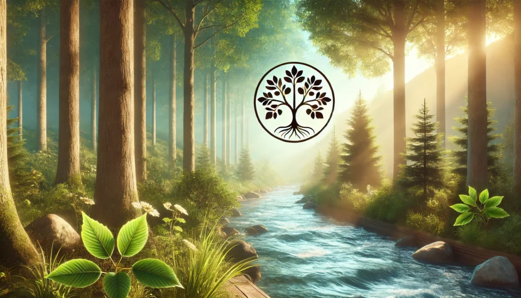 A peaceful forest scene with a flowing river, soft sunlight filtering through the trees, symbolizing relaxation and natural dopamine regulation.