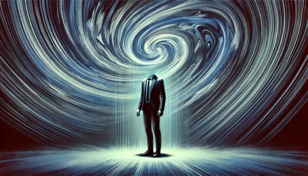 An artistic portrayal of a person feeling lightheaded and off-balance, surrounded by a glowing aura and distorted surroundings to illustrate dizziness and an unusual sensation in the head.