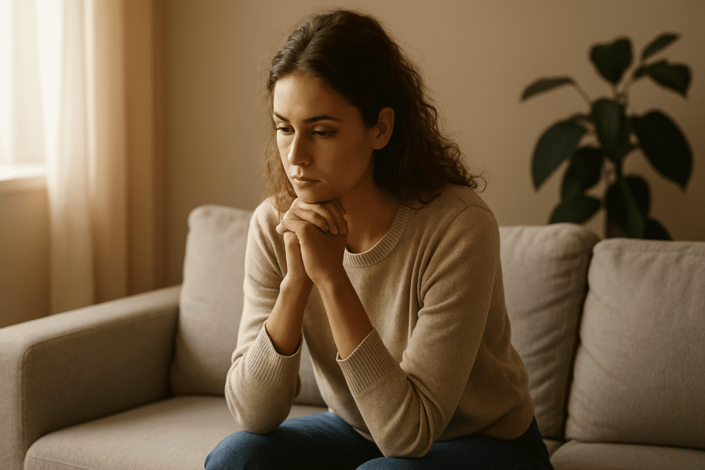 A young woman with chestnut hair sits quietly on a modern gray sofa, softly lit by natural morning sunlight from a nearby window. She appears calm and reflective in a minimalist room with neutral tones and a potted plant in the background.