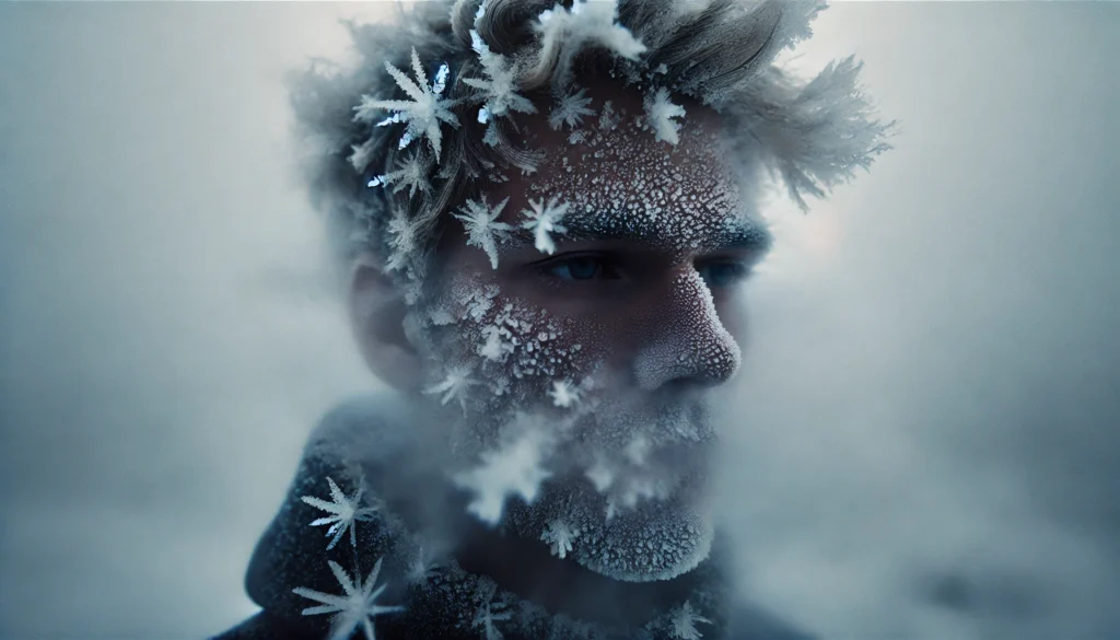A surreal close-up of a person standing in freezing fog. Their face is partially covered in ice crystals, and the mist distorts their features, symbolizing cognitive fog and the mental effects of extreme cold.