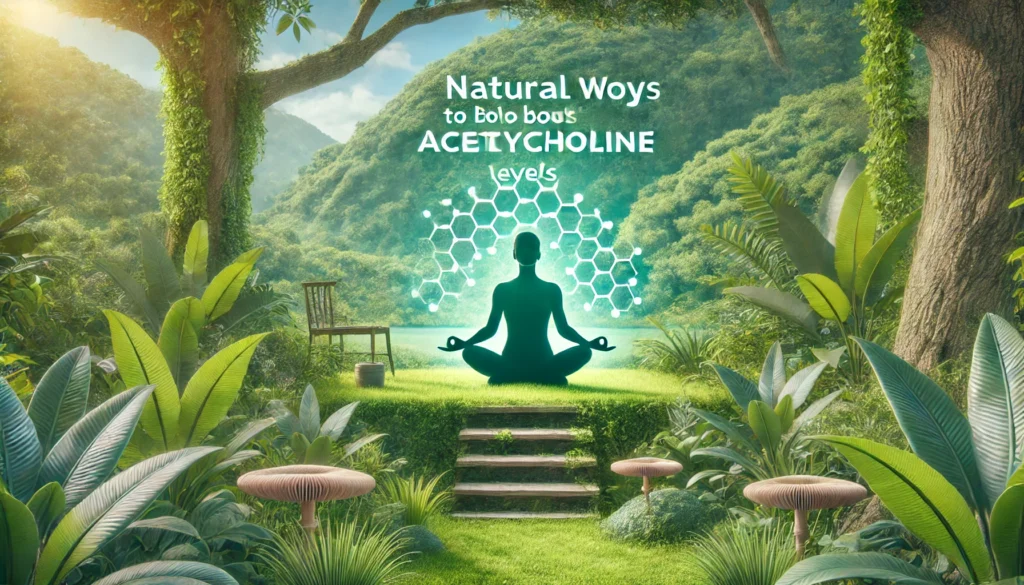 A serene outdoor setting with a person meditating in nature, symbolizing stress reduction’s role in acetylcholine production.