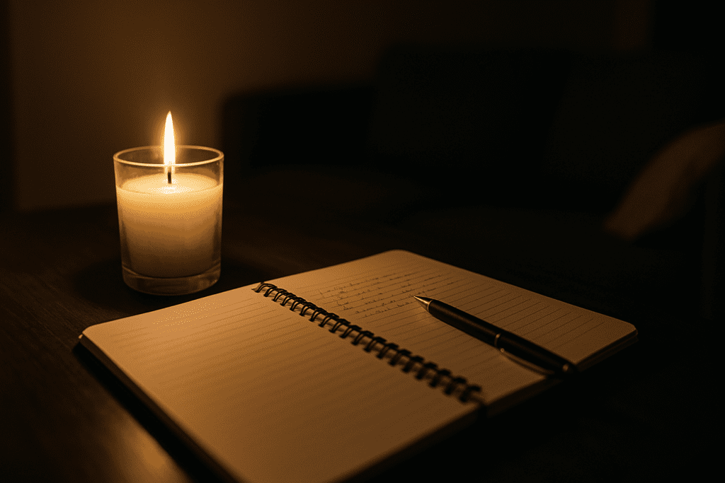 A warmly lit nighttime interior scene shows an open journal and a flickering candle on a smooth wooden table. The glow creates a peaceful, contemplative mood, symbolizing mental clarity and reflective focus — key elements of natural energy-boosting habits.