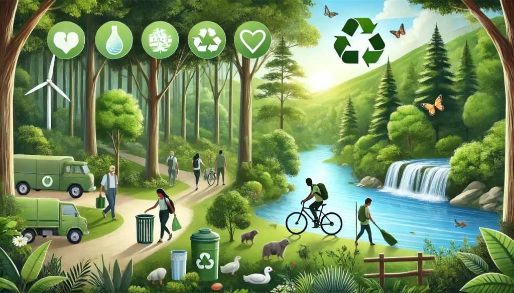 A serene protected forest with a clean river, wildlife, and people participating in sustainable activities.