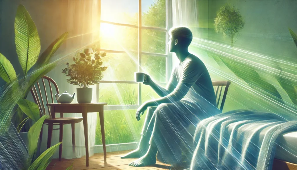 A serene scene of a person recovering from fatigue, sitting by a window with sunlight streaming in. Holding a cup of tea, they appear relaxed, symbolizing healing and rejuvenation. The bright, airy background with green plants adds a sense of vitality and renewal.