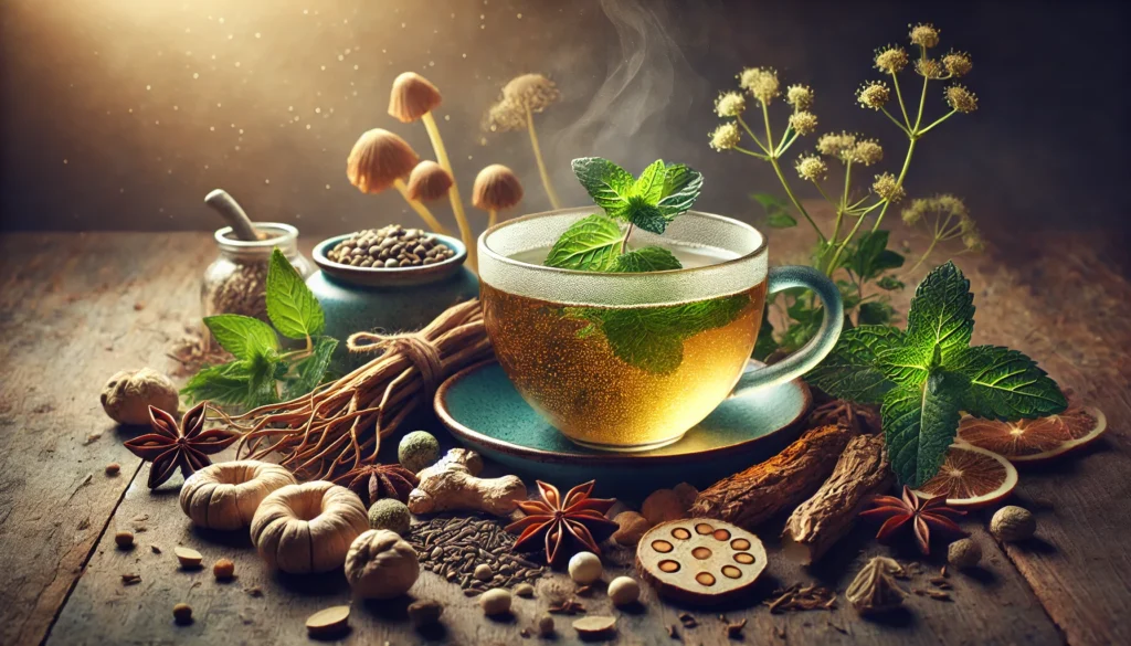 A steaming cup of herbal tea infused with ginseng, gotu kola, and peppermint, surrounded by fresh herbs with a glowing aura, symbolizing their natural energy-boosting and focus-enhancing properties.
