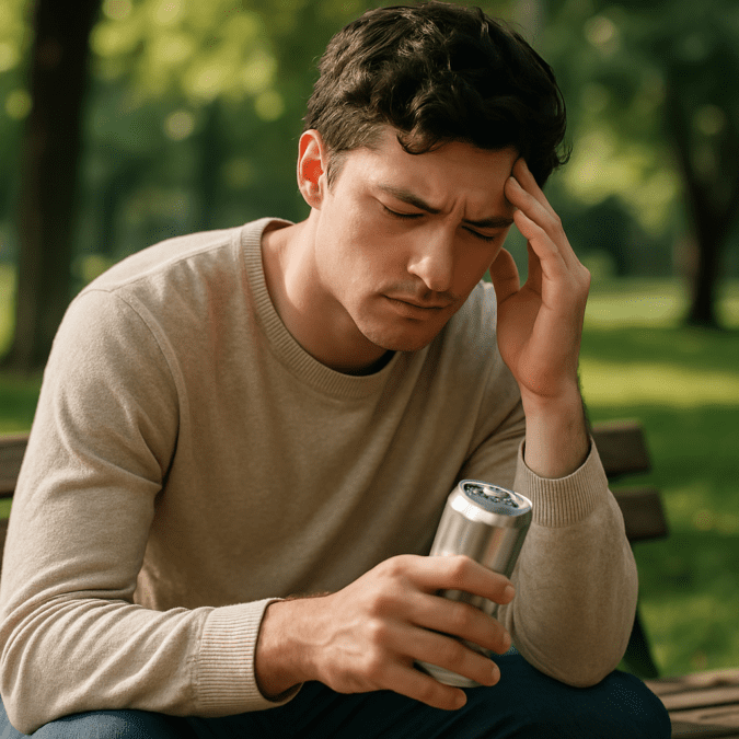 **Image 1 Alt Text:**
A young man sits alone on a park bench in soft morning sunlight, holding a silver energy drink can with a thoughtful expression. The serene greenery and his relaxed posture reflect a moment of mental clarity and focus, aligning with the theme of energy drink comparison for wakefulness and concentration.