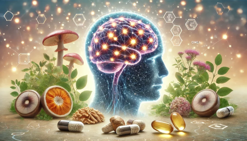 A conceptual depiction of a human brain with glowing neural pathways, symbolizing memory enhancement and cognitive benefits. Surrounding the brain are nootropic ingredients such as lion’s mane mushroom, ginkgo biloba, and omega-3 capsules, blending natural and scientific elements.