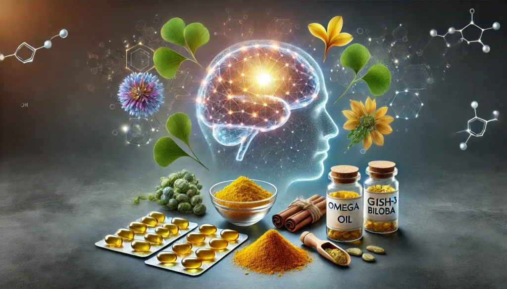 A scientific-themed illustration featuring brain-boosting supplements such as omega-3 fish oil capsules, ginkgo biloba leaves, turmeric powder, and nootropic herbal extracts, elegantly displayed with a glowing brain hologram in the background.