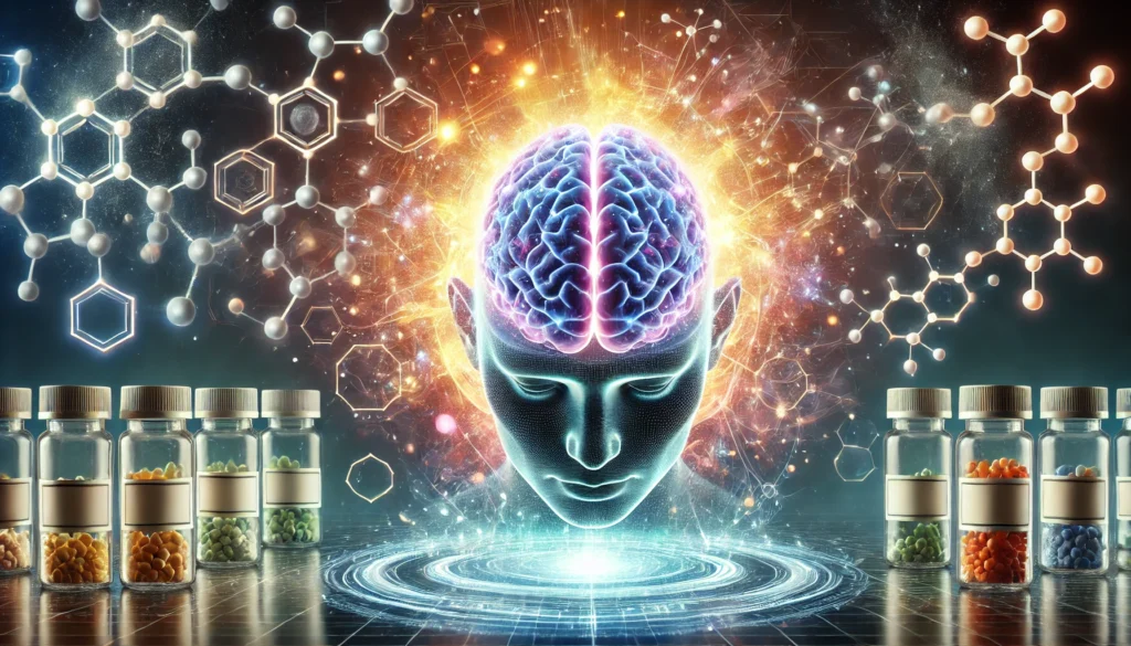 A visually stunning concept of nootropic ingredients merging into a radiant human brain, representing improved memory, focus, and mental clarity.
