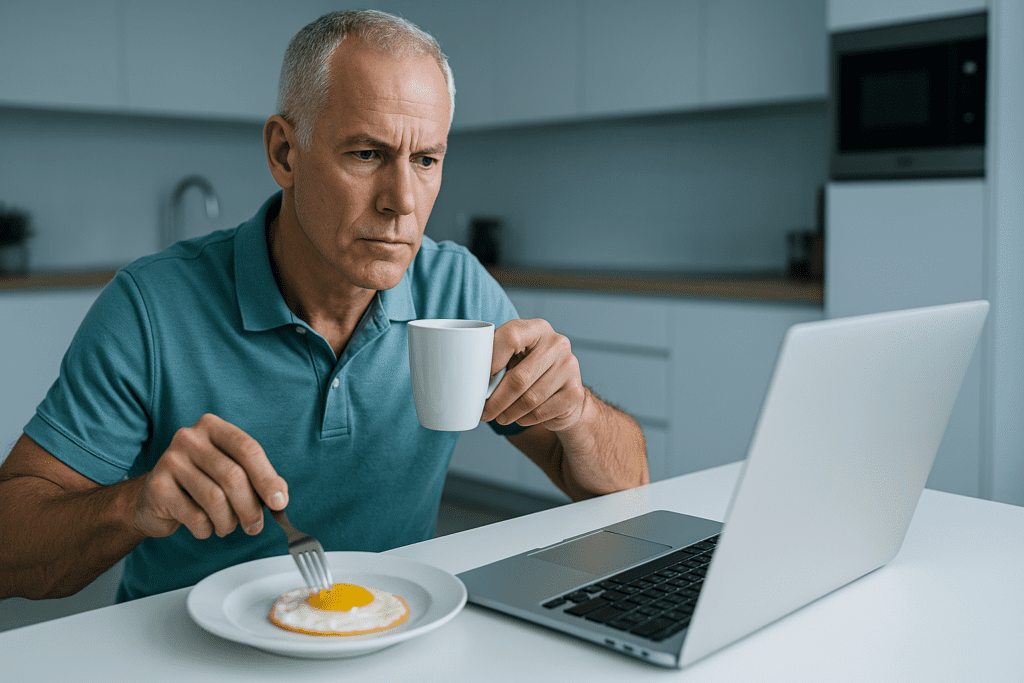 A mature man sits at a clean, modern kitchen counter with a laptop, eating a sunny-side-up egg while holding a coffee mug under cool clinical lighting. The focused atmosphere highlights how eggs may support morning energy and cognitive performance during early work hours.