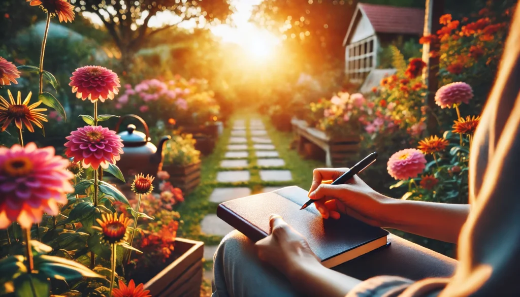A person journaling in a peaceful outdoor garden during sunset, surrounded by vibrant flowers, soft sunlight, and a gentle breeze, fostering a reflective and serene environment.
