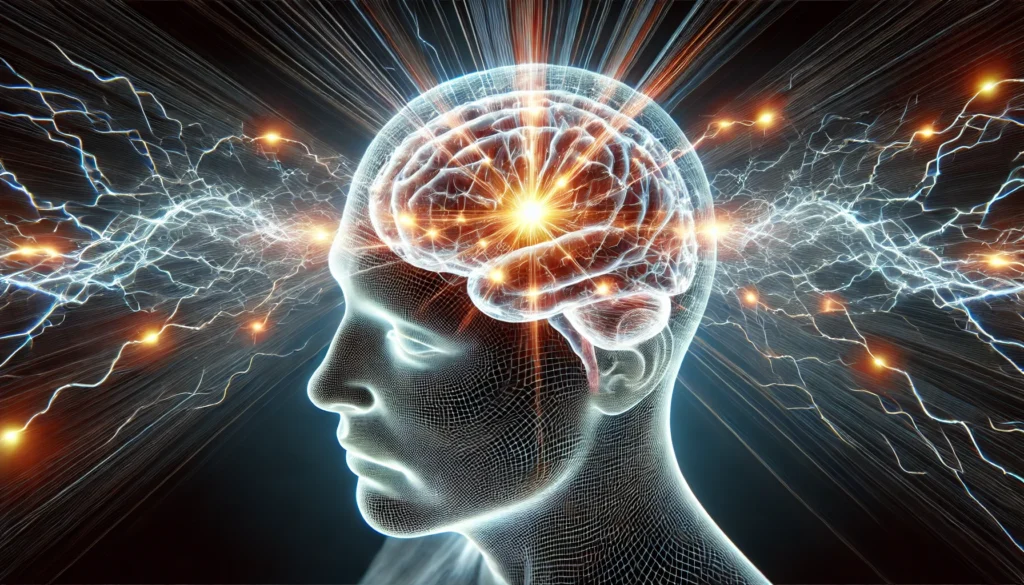 A conceptual visualization of brain buzzing with electric energy radiating from a translucent human head, highlighting heightened neurological activity and cognitive sensations.