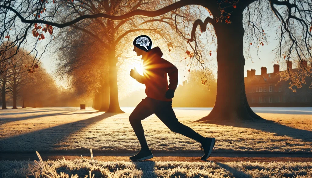 A person jogging in a frost-covered park on a crisp winter morning, bathed in golden sunlight, illustrating the role of outdoor physical activity in combating brain fog during colder months.