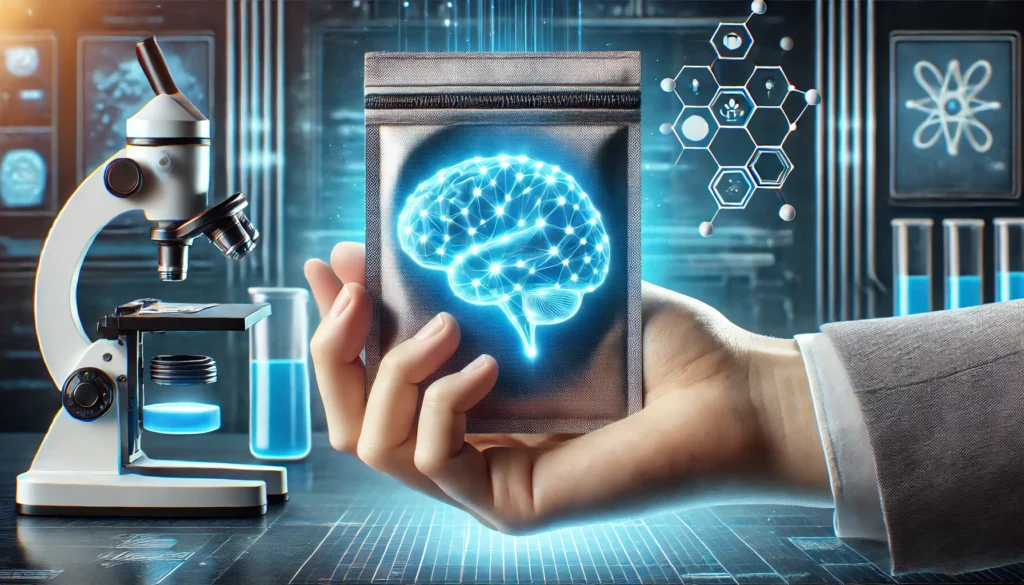 A close-up of a hand holding a sleek nootropic pouch, radiating a blue glow, with a high-tech laboratory background emphasizing brain optimization.