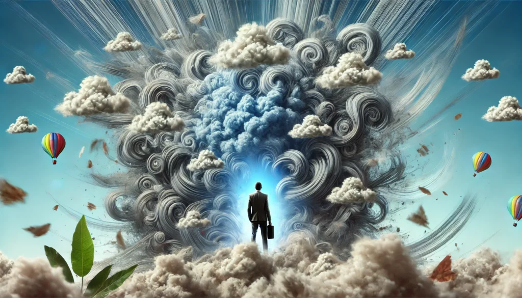 A surreal image of a person surrounded by chaotic swirling clouds, symbolizing overwhelming thoughts caused by anxiety, with the sky clearing above their head to represent regaining mental clarity.