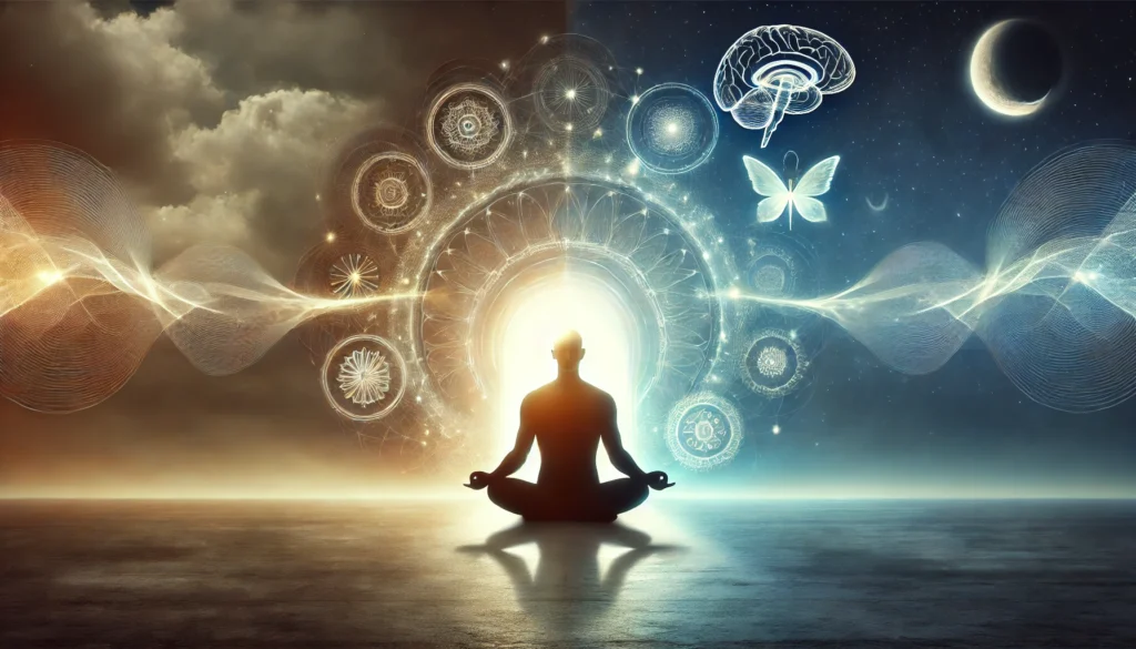 A conceptual image of a person sitting in a meditative pose, surrounded by a glowing aura of clarity and light, representing relief from brain fog and improved cognitive function. The background transitions from dark to bright, symbolizing the journey from mental fog to mental sharpness.