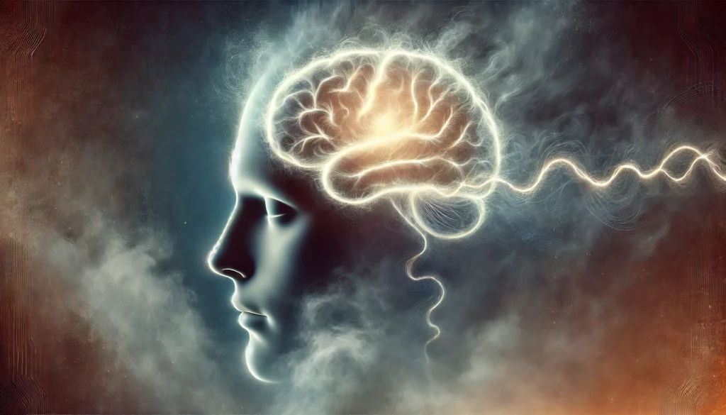 An artistic interpretation of a person experiencing forehead numbness, with a glowing outline around the forehead, immersed in a misty, abstract environment symbolizing brain fog and cognitive challenges.