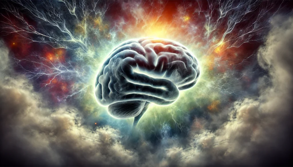 A surreal image of the human brain emerging from thick fog, illustrating the transition from cognitive haze to mental clarity with light breaking through the mist.