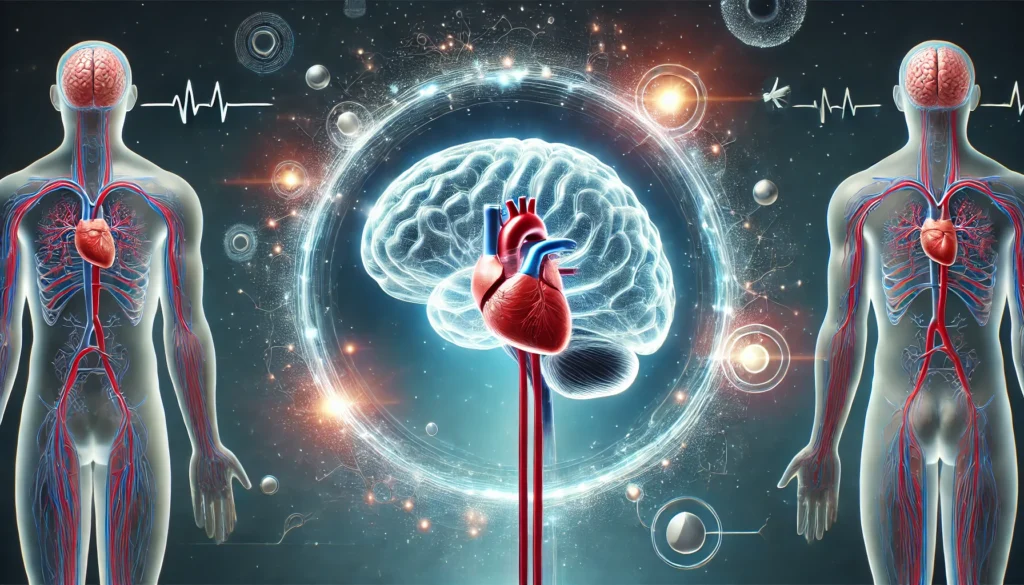 A vivid visualization of oxygen and blood circulation in the human brain, featuring a glowing, well-oxygenated brain with a clear bloodstream network symbolizing enhanced cognitive function and mental clarity.