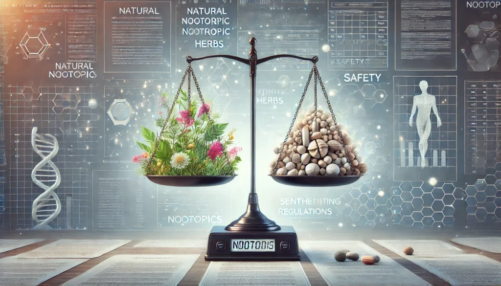 A conceptual illustration of a scale balancing natural nootropic herbs against synthetic pills, with a background suggesting legal documents and safety regulations.