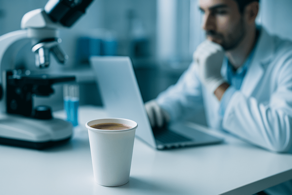 A white paper coffee cup filled with fresh brew sits on a laboratory table under cool clinical lighting, with a microscope, blue test tubes, and a focused scientist working on a laptop in the background. The scientific setting paired with the symbolic coffee cup highlights the intersection of research and practical energy-boosting rituals to combat tiredness.