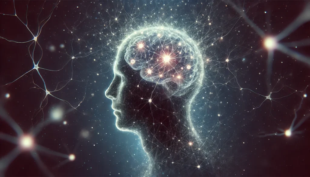A conceptual illustration of brain numbness, depicting a human head with a glass-like surface fading into an abstract network of neurons, with glowing orbs indicating areas of lost sensation against a deep-space background.